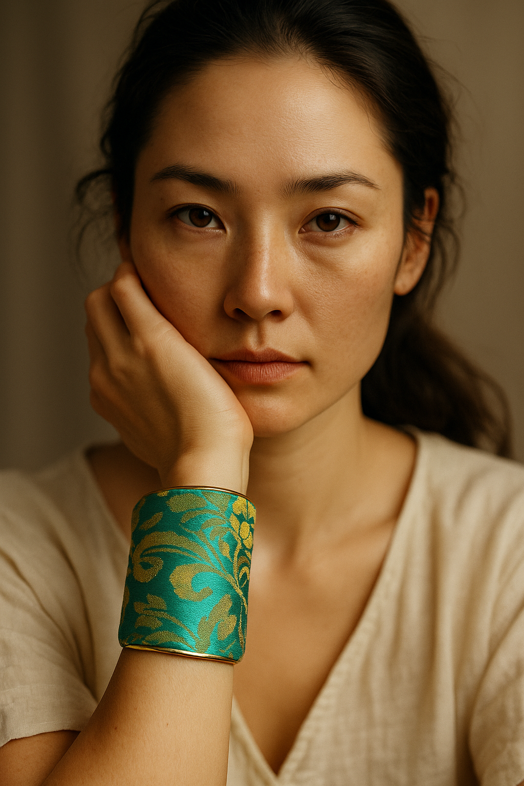 A close-up portrait of a female model wearing a 3-inch wide emerald-green jacquard brass cuff bracelet with metallic gold floral patterns; the open-back ends of the cuff are visible as she rests her hand against