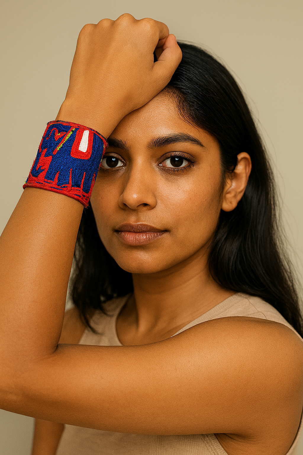 Model wearing the Redd Dott Lena 3-inch cuff bracelet in bold royal blue with striking red and white embroidery, accented with hand-stitched details for a powerful, artistic statement.