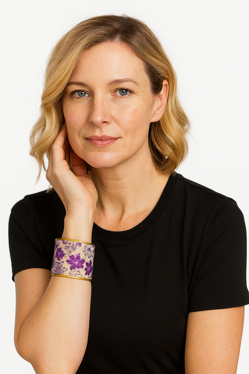 Redd Dott Love Purple Live Gold 2-inch cuff bracelet featuring shimmering purple floral embroidery on a golden base, framed with polished brass for a bold, regal finish.