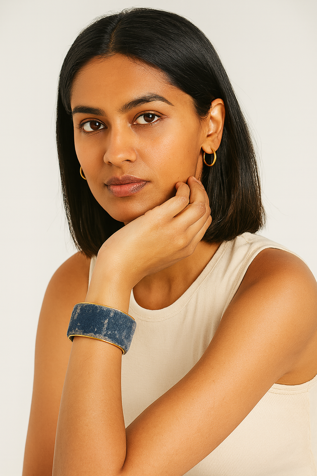 Redd Dott Lover 1-inch cuff bracelet in deep navy blue velvet with a distressed finish, framed in golden brass for a sleek and modern edge.