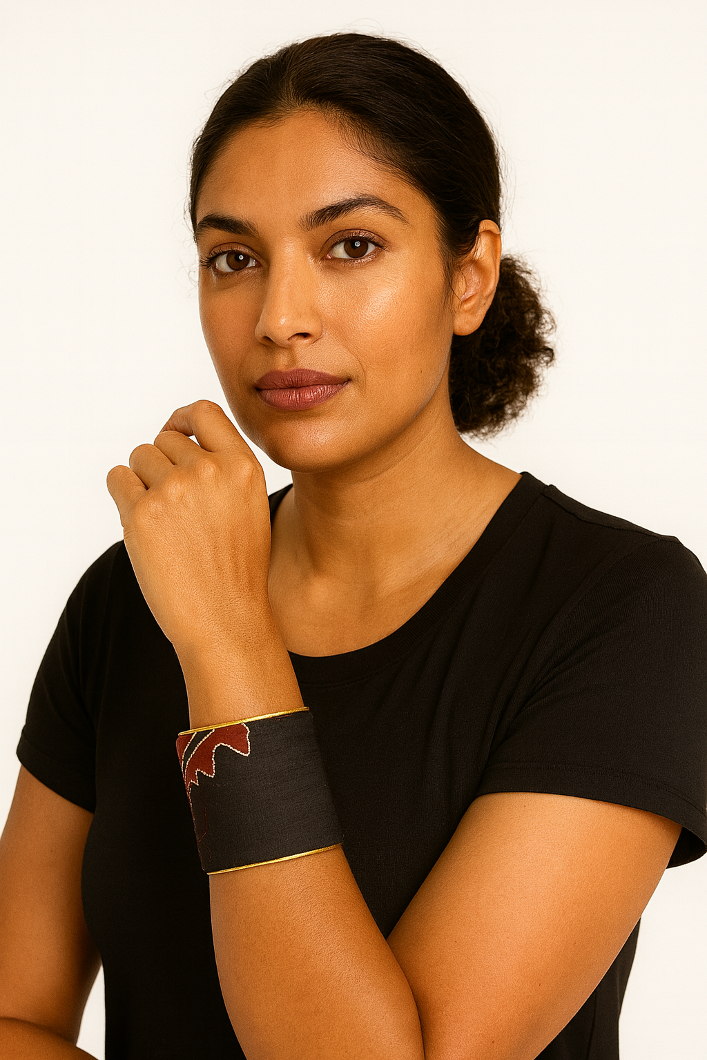 Redd Dott Lucian 3-inch cuff bracelet in deep black with bold red abstract embroidery, framed in brass for a modern yet dramatic statement piece.