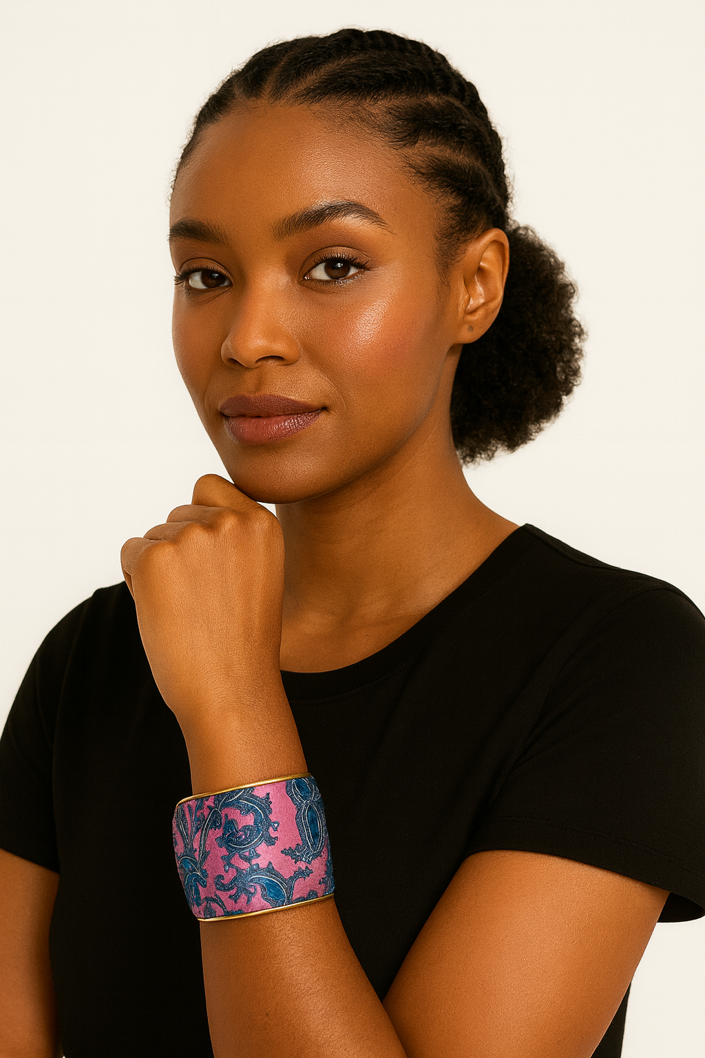 Redd Dott Lucienne 2-inch cuff bracelet featuring a rich magenta base with bold teal baroque-style embroidery, framed in brass for a striking and artistic statement piece.