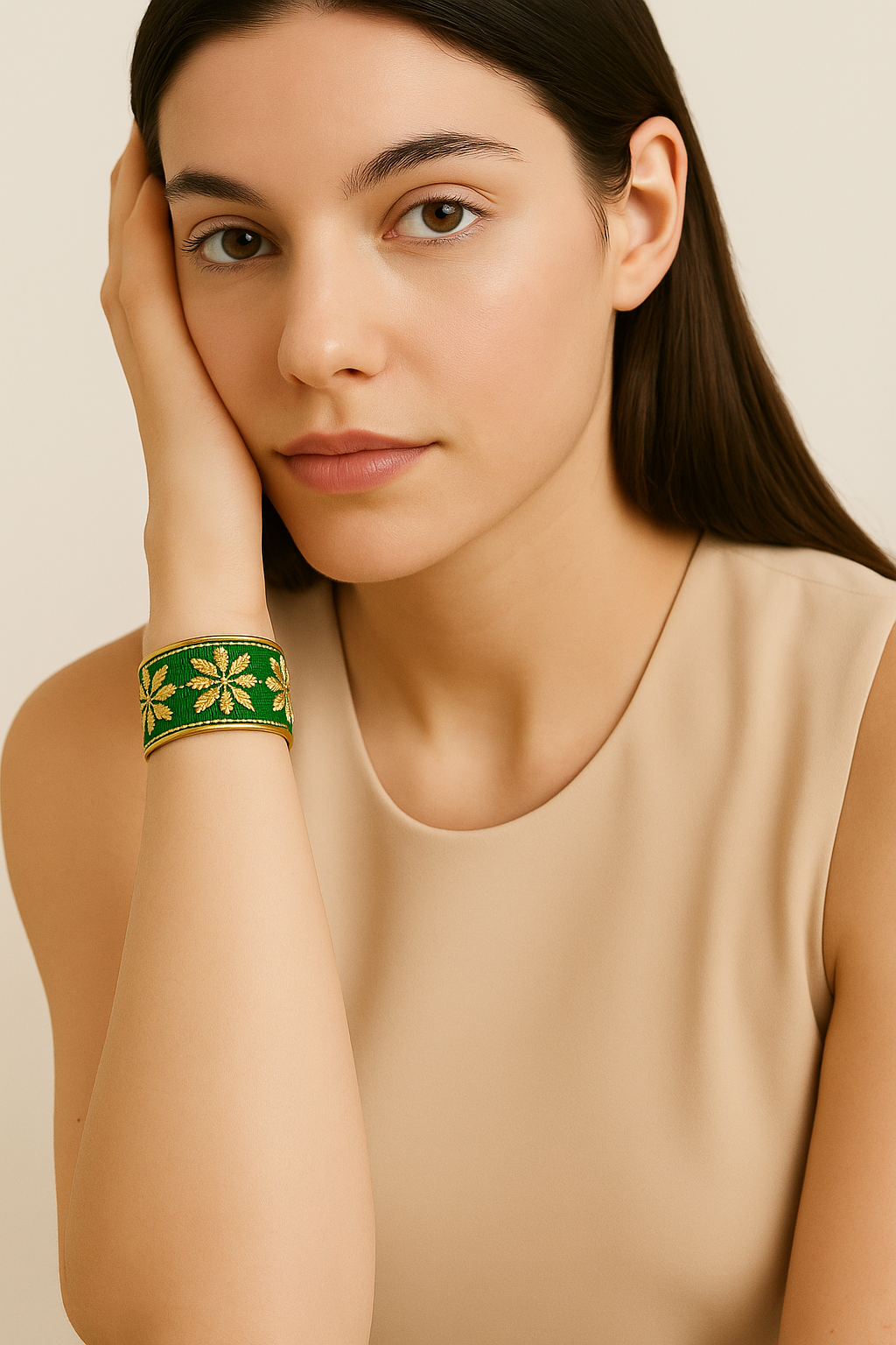 Redd Dott Lucky 1-inch cuff bracelet in green textile with golden embroidered floral starburst motifs, framed in brass for a vibrant, uplifting design.