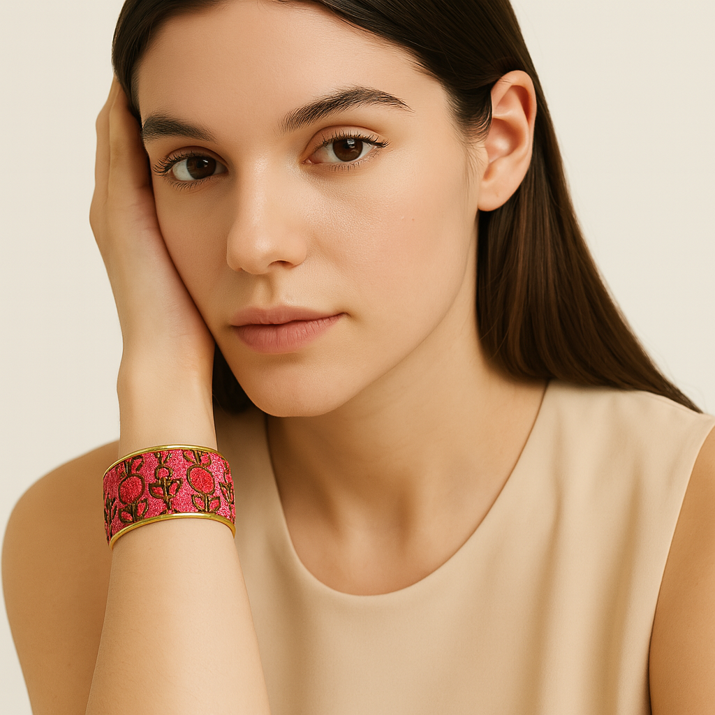 Redd Dott Lucy 1-inch cuff bracelet in vibrant pink with intricate floral embroidery, framed in brass for a bold yet feminine statement.