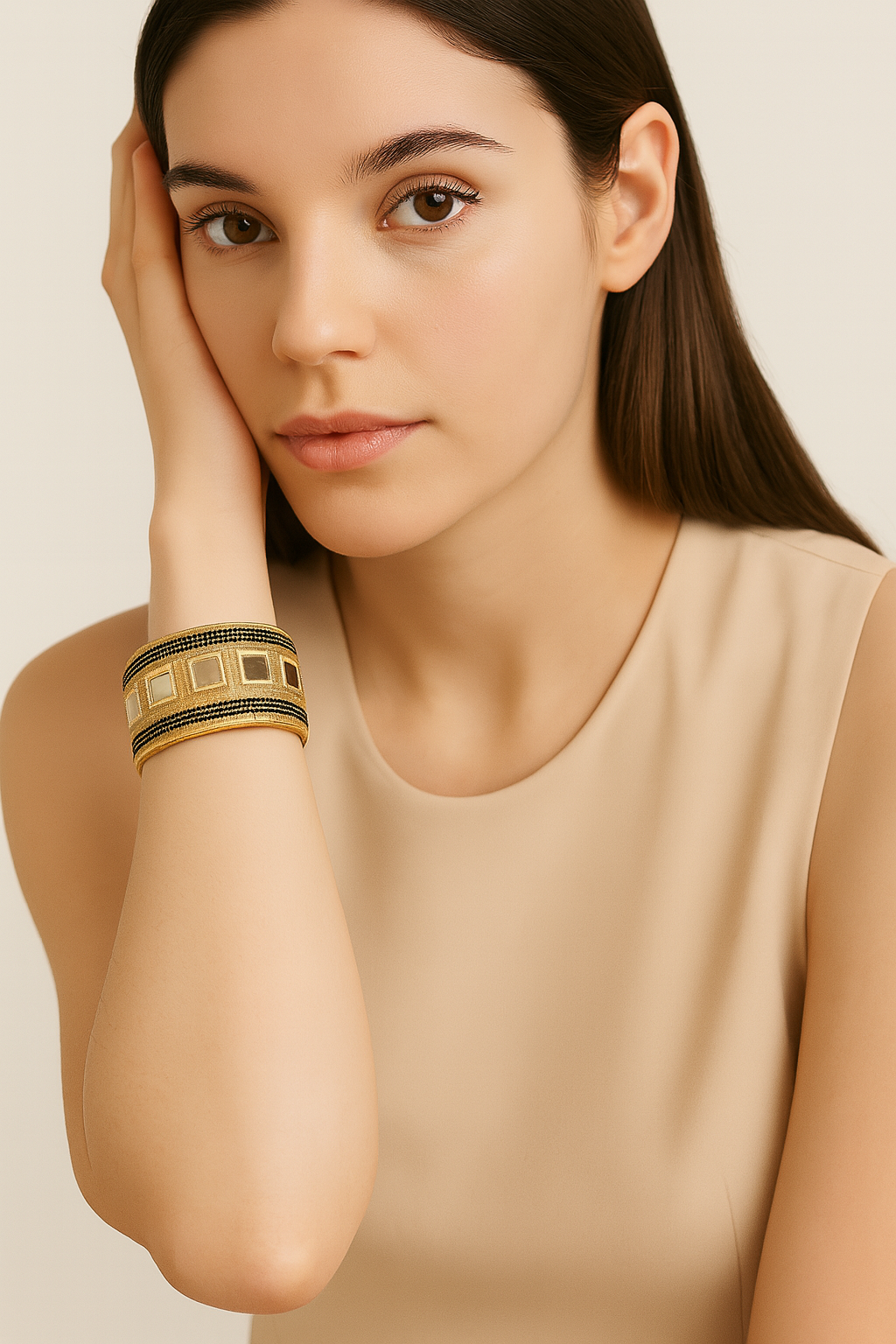 Redd Dott Lux 1-inch cuff bracelet in black and gold geometric design, featuring bold square accents and metallic shimmer framed in brass for a statement of modern elegance.