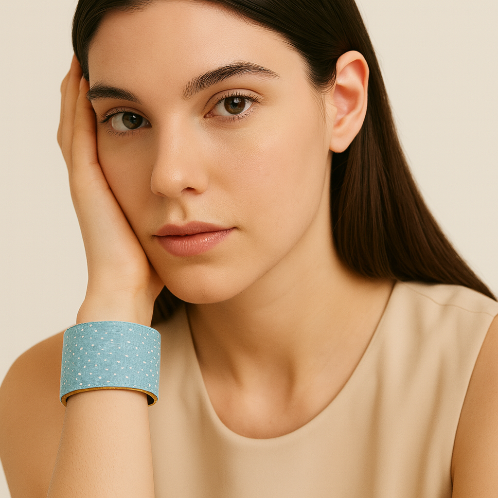 Redd Dott Lydia 2-inch cuff bracelet in soft sky blue fabric with delicate white polka dots, framed in polished brass for a fresh, playful, and timeless style.
