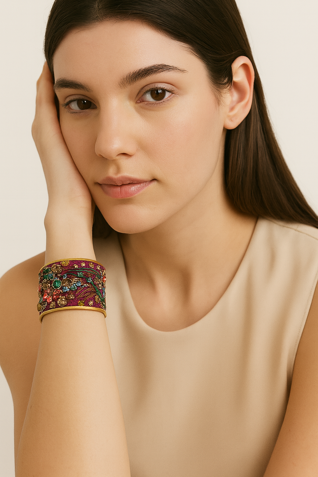 Redd Dott Magic 2-inch cuff bracelet with a deep berry-red base, adorned with intricate embroidery and jewel-like embellishments in emerald green, gold, and sparkling accents, framed in brass.