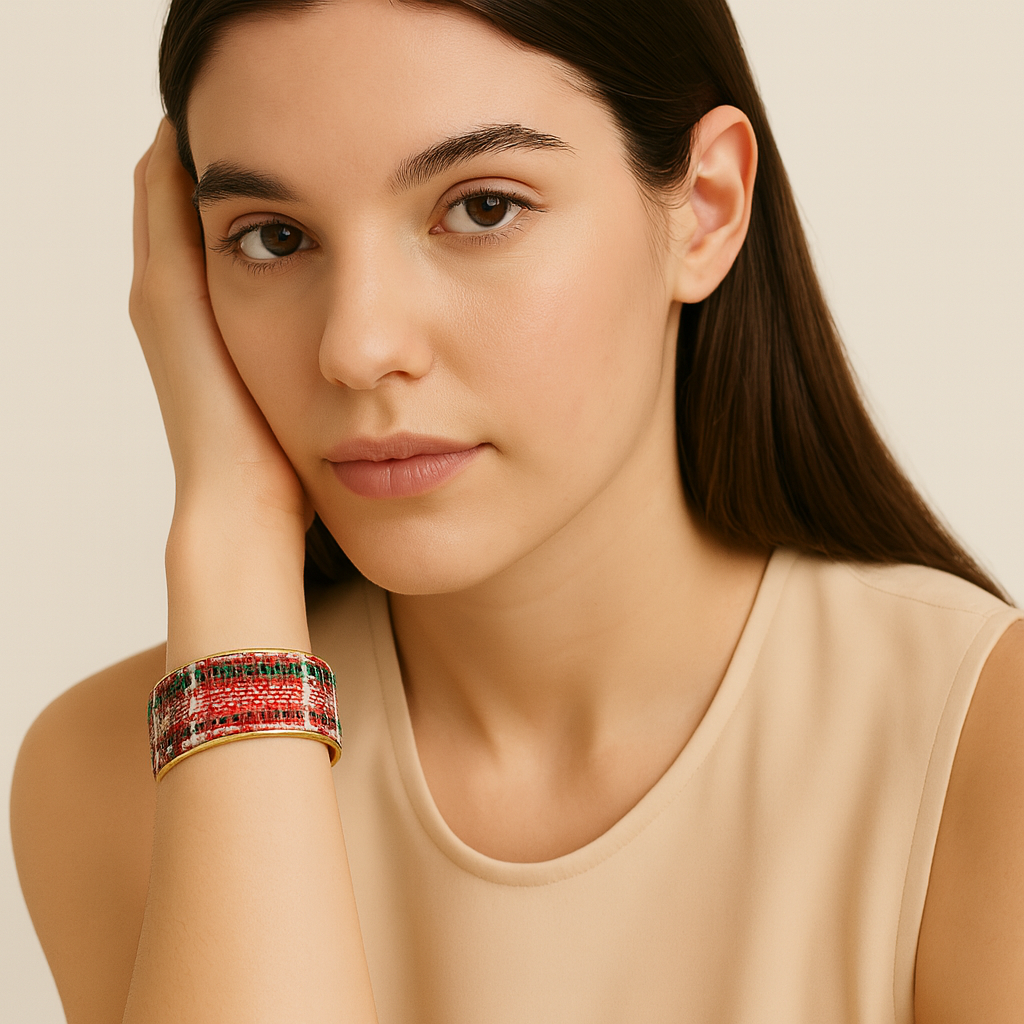 Redd Dott Maisie 1-inch cuff bracelet with a vibrant woven plaid-style fabric in bold red, green, and white tones, framed in brass for a modern yet timeless finish.