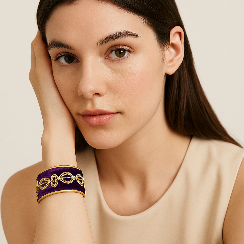 Model wearing the Redd Dott Maria 1-inch cuff bracelet, crafted in deep purple fabric with intricate gold embroidery, framed in polished brass for a regal and elegant statement.
