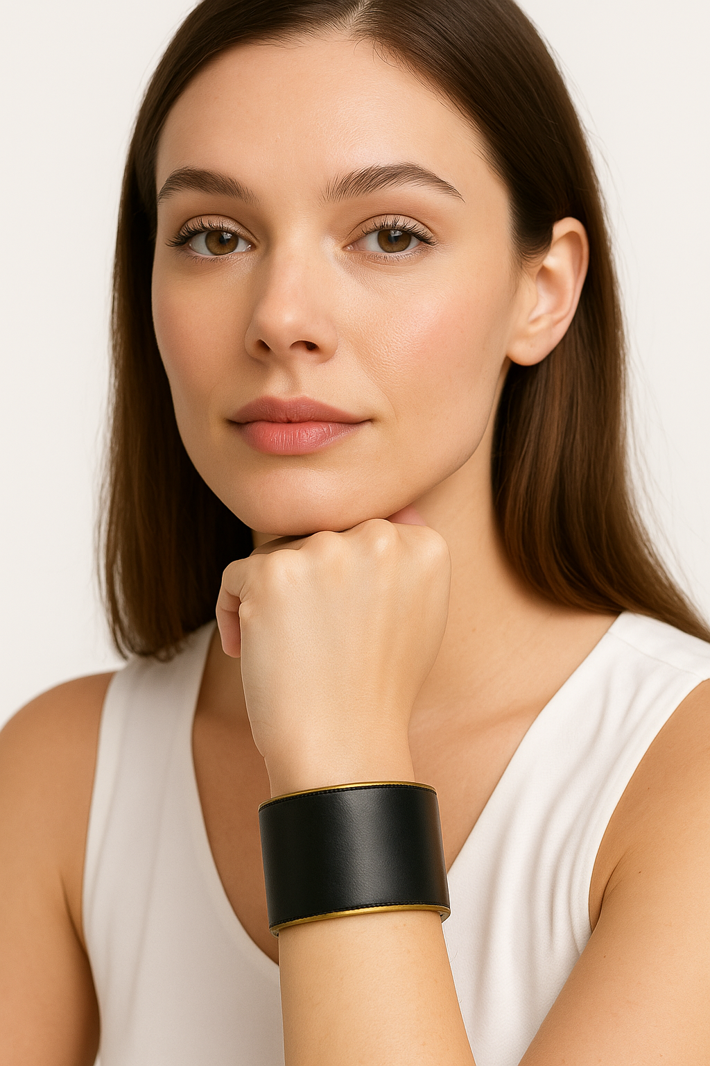 Model wearing the Redd Dott Marvel 2-inch cuff bracelet, crafted from smooth black leather with a polished gold frame, offering a bold yet timeless statement of modern elegance.