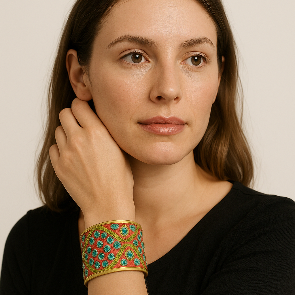 Model wearing the Redd Dott Masiah 2-inch cuff bracelet, featuring vibrant turquoise floral embroidery with bold red accents on a golden base, framed in a gold cuff setting.