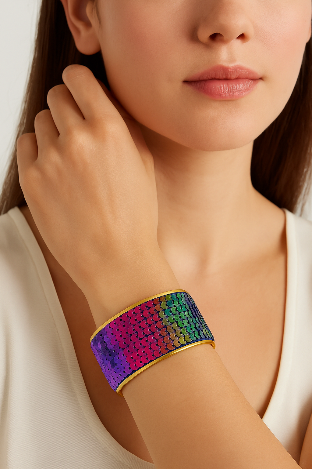 Model wearing the Redd Dott Need for Beads 1-inch cuff bracelet, featuring dazzling rainbow sequins in shifting shades of pink, purple, green, and gold, framed in a golden edge for a bold, playful sparkle.