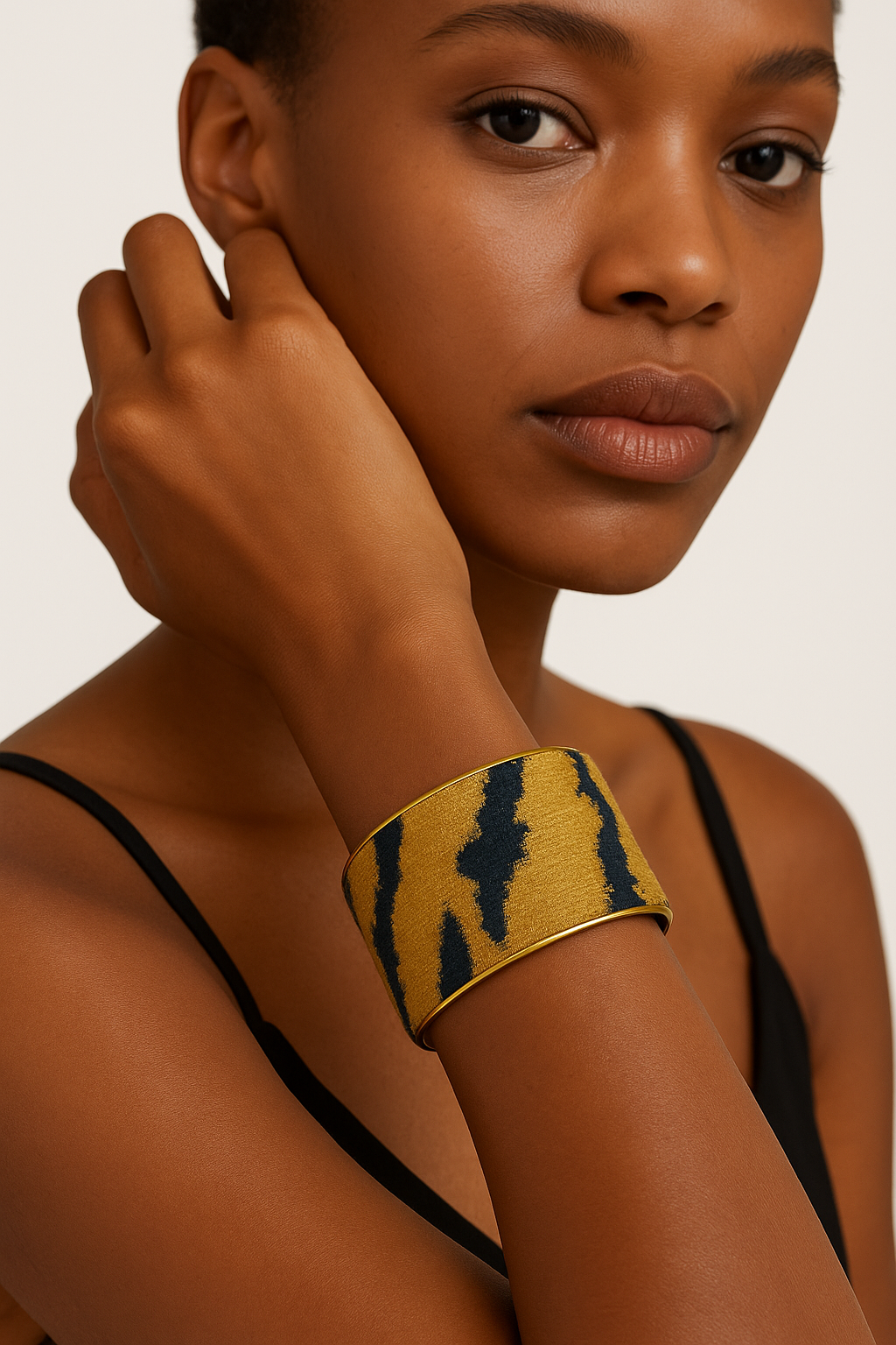 Model wearing the Redd Dott Nova 2-inch cuff bracelet, designed with a bold animal-inspired pattern in deep navy on a golden yellow background, framed with sleek metallic edging.