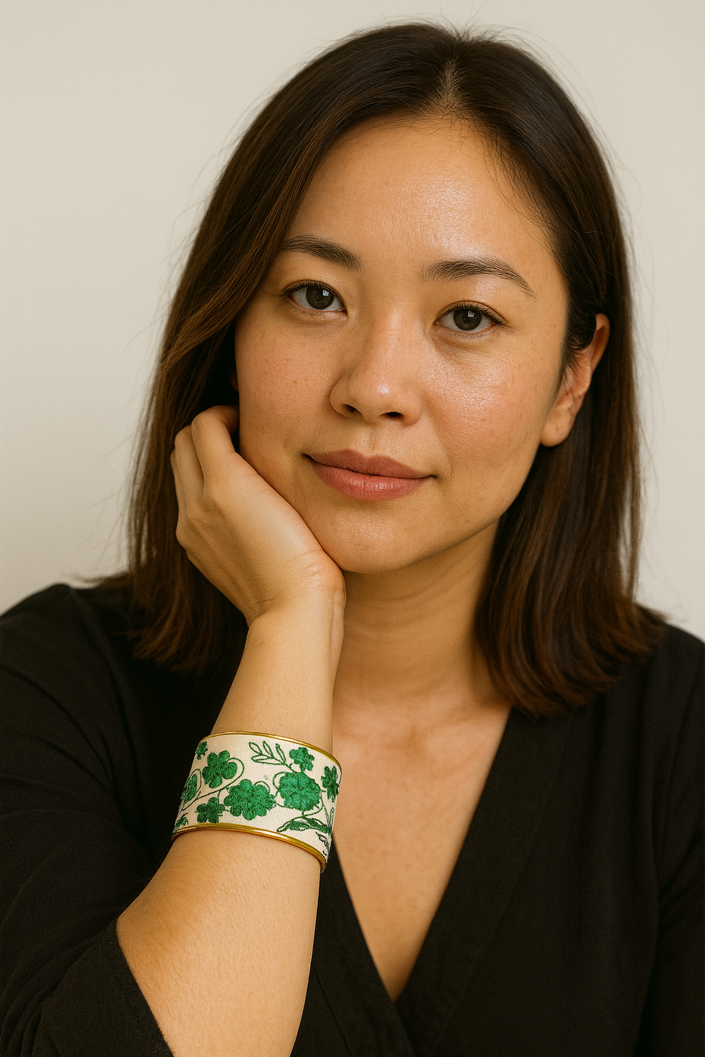 Woman wearing the Redd Dott Patty 2-inch cuff bracelet, crafted in ivory fabric embroidered with bold green clovers and leafy vines, framed in a polished gold trim for a fresh, nature-inspired design.