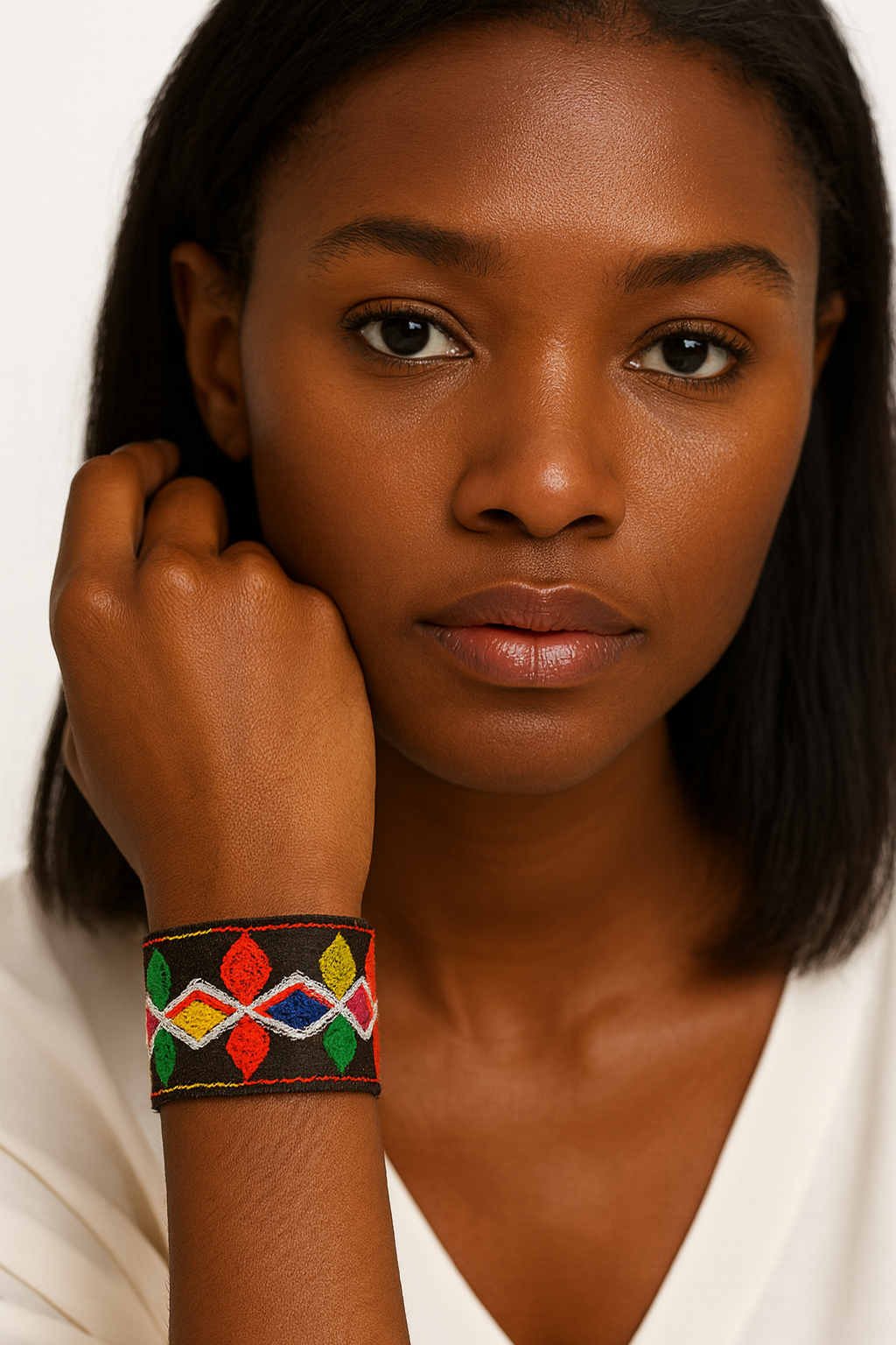 Woman wearing the Redd Dott Pepper 2-inch cuff bracelet, featuring a bold black base with embroidered diamond and leaf patterns in red, yellow, green, white, and blue.