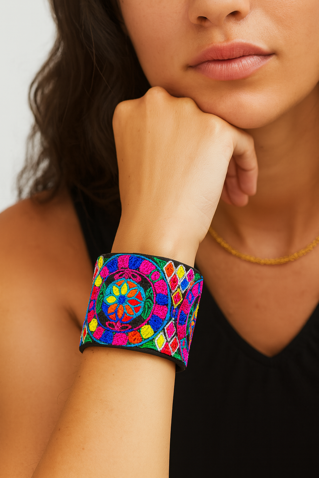 Close-up of a woman wearing the Redd Dott Piper 2-inch cuff bracelet, featuring bold multicolor embroidery in a mandala-inspired circular design with diamond patterns in bright pink, blue, yellow, orange, and green on a black base.