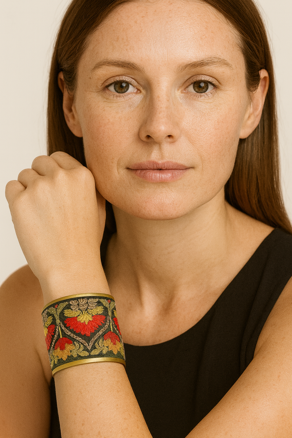 Close-up of a woman wearing the Redd Dott Pricilla 2-inch gold cuff bracelet, featuring a black fabric base with ornate red, gold, and olive green embroidered floral patterns.