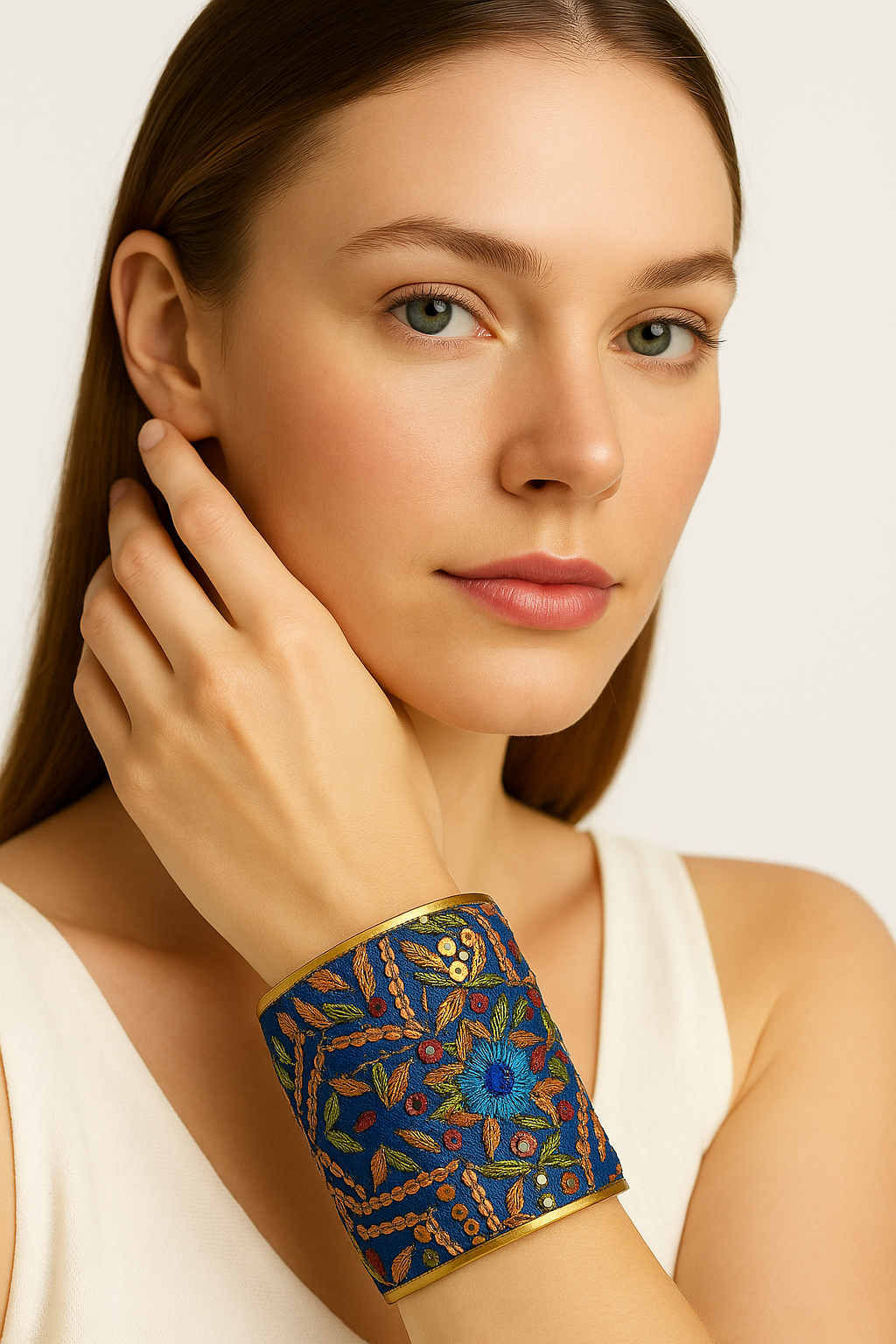 Close-up of a woman wearing the Redd Dott Remi 3-inch gold cuff bracelet, featuring rich royal blue fabric with intricate multicolor floral and leaf embroidery in orange, green, and red accents