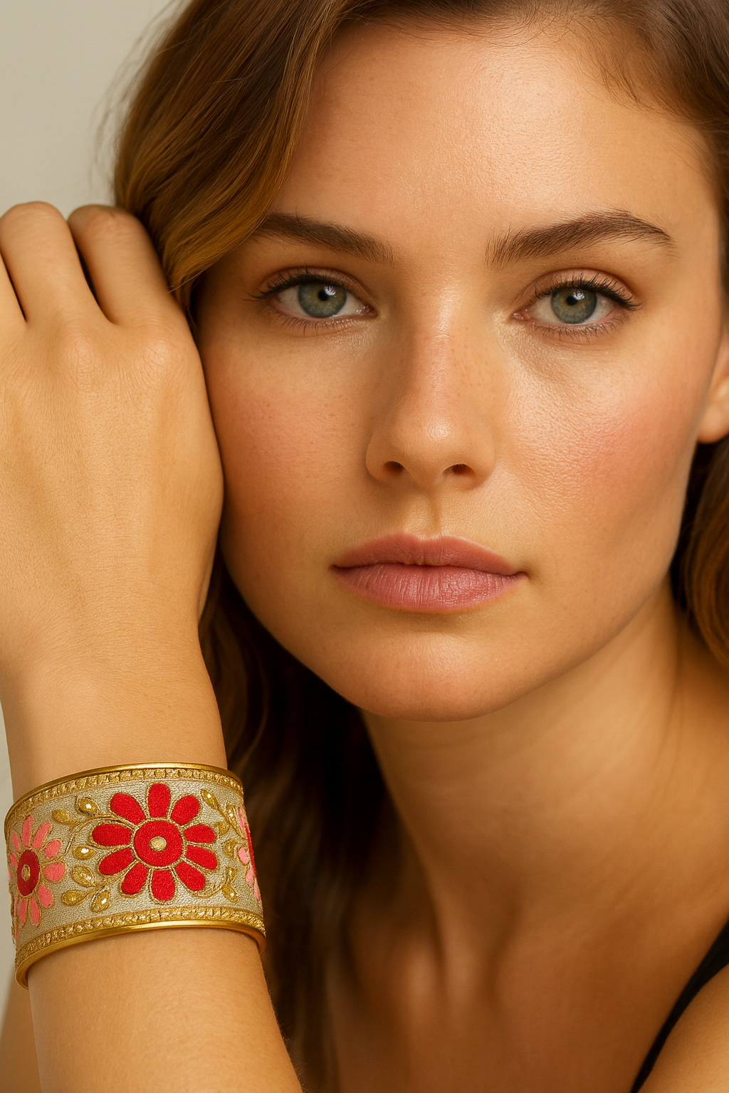 Close-up of a woman wearing the Redd Dott River 2-inch gold cuff bracelet, featuring shimmering silver fabric adorned with bold red and pink embroidered flowers accented by gold details.