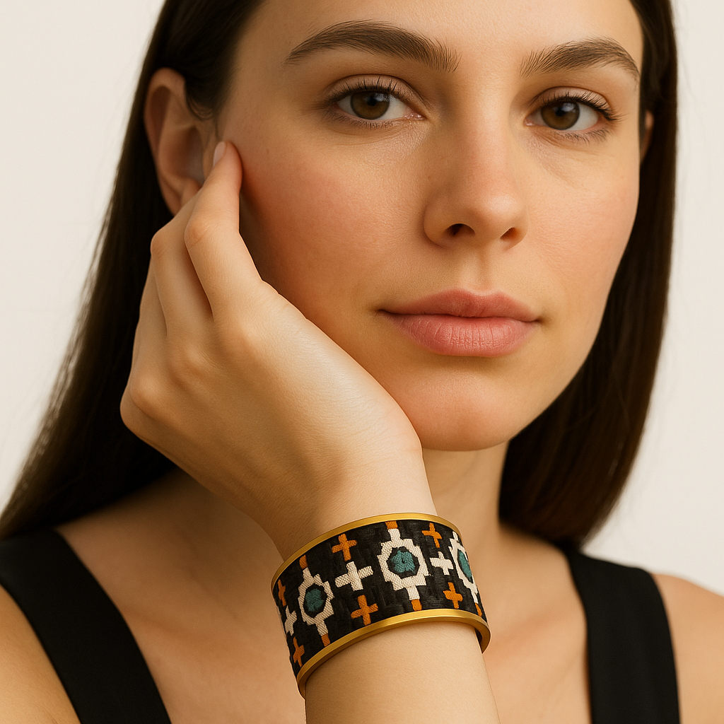 Close-up of a woman wearing the Redd Dott Robotia 1-inch gold cuff bracelet, featuring a black background with bold geometric embroidery in white, orange, and teal.