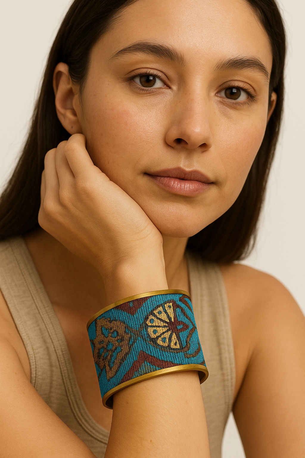Close-up of a woman wearing the Redd Dott Romania 3-inch gold cuff bracelet, featuring vibrant turquoise fabric with intricate gold and brown geometric embroidery.