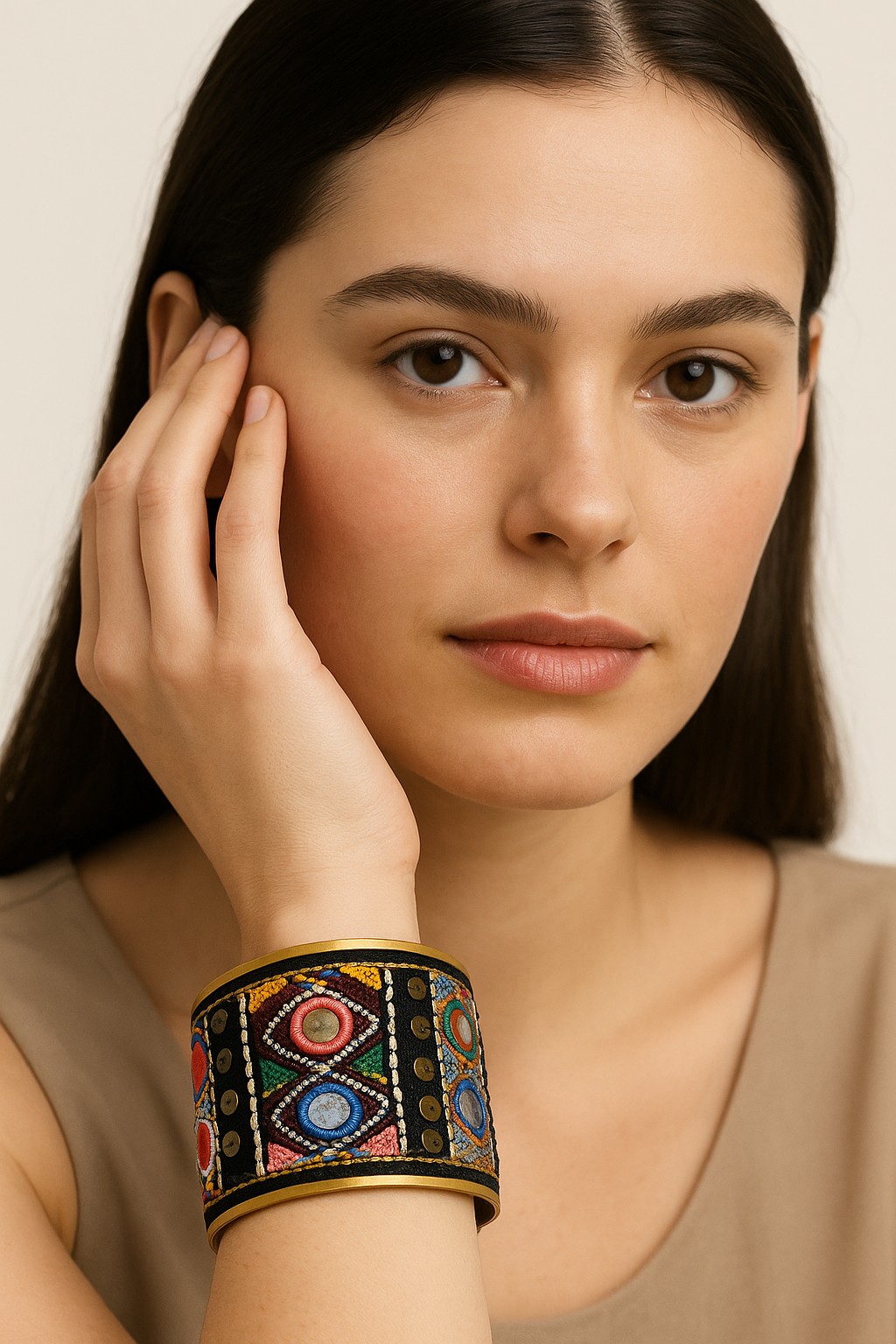 Close-up of a woman wearing the Redd Dott Rosalind 2-inch gold cuff bracelet, featuring bold geometric embroidery in vibrant red, blue, green, and gold accents on a black background.