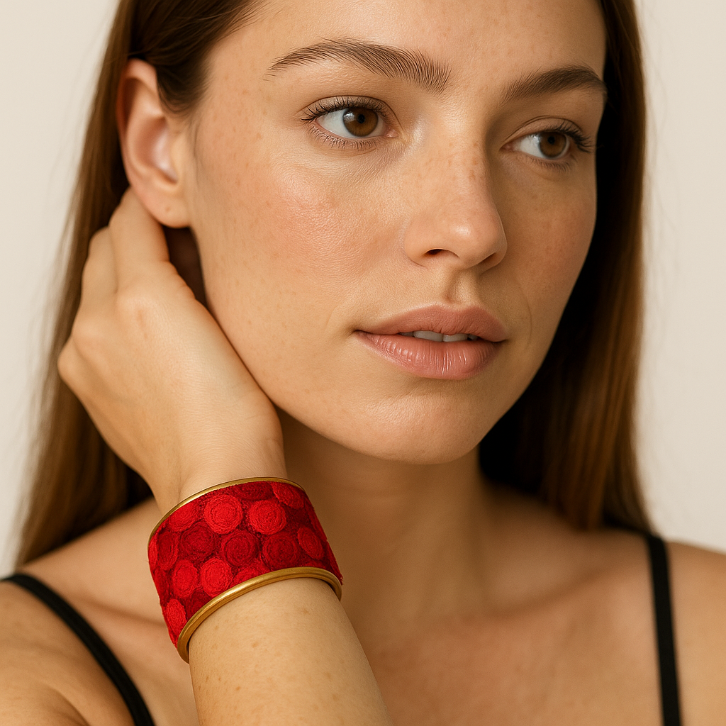 Close-up of a woman wearing the Redd Dott Rose 1-inch gold cuff bracelet, featuring bold red embroidered circles for a modern, statement look.