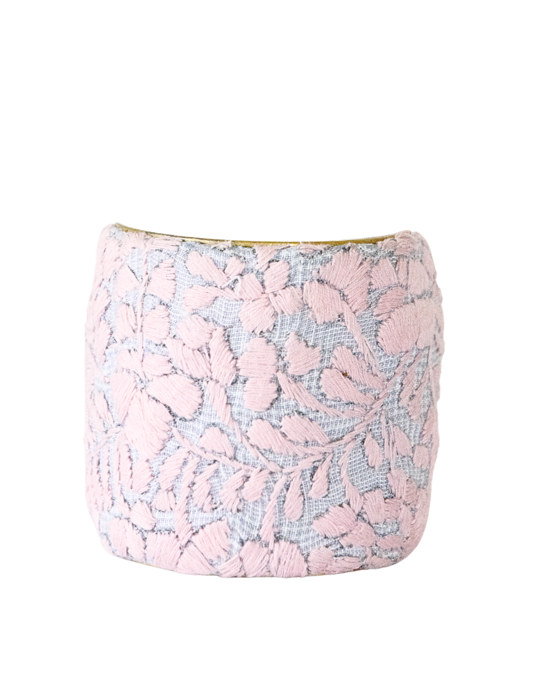 3-inch Rosa De Ceniza statement brass cuff bracelet with luxury pink and gray Mexican embroidery designed by Margarita Mercantile × Redd Dott.