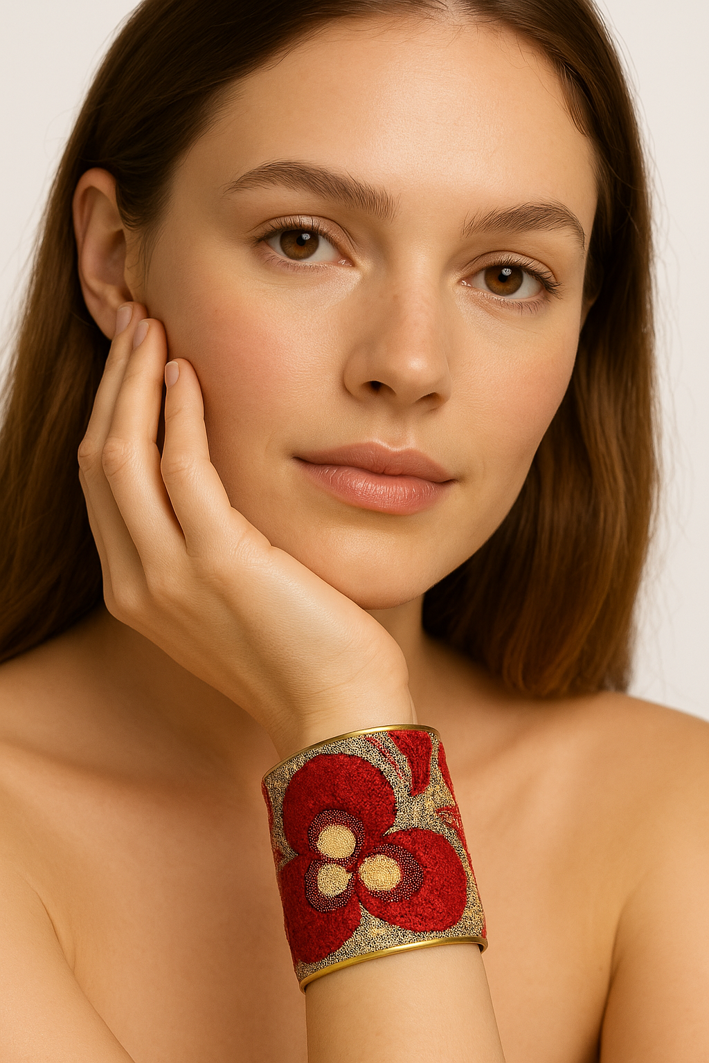 Close-up of a woman wearing the Redd Dott “Rowan” 3″ cuff—oversized red floral embroidery with twin gold centers on a metallic gold ground, framed by antique-brass edging.