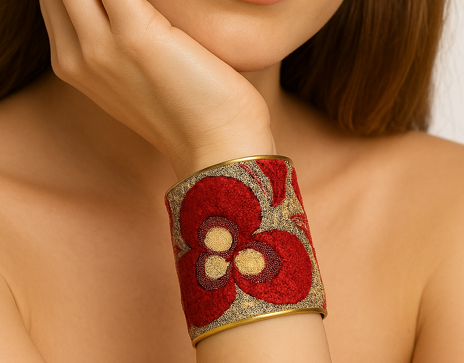 Close-up of a woman wearing the Redd Dott “Rowan” 3″ cuff—oversized red floral embroidery with twin gold centers on a metallic gold ground, framed by antique-brass edging.