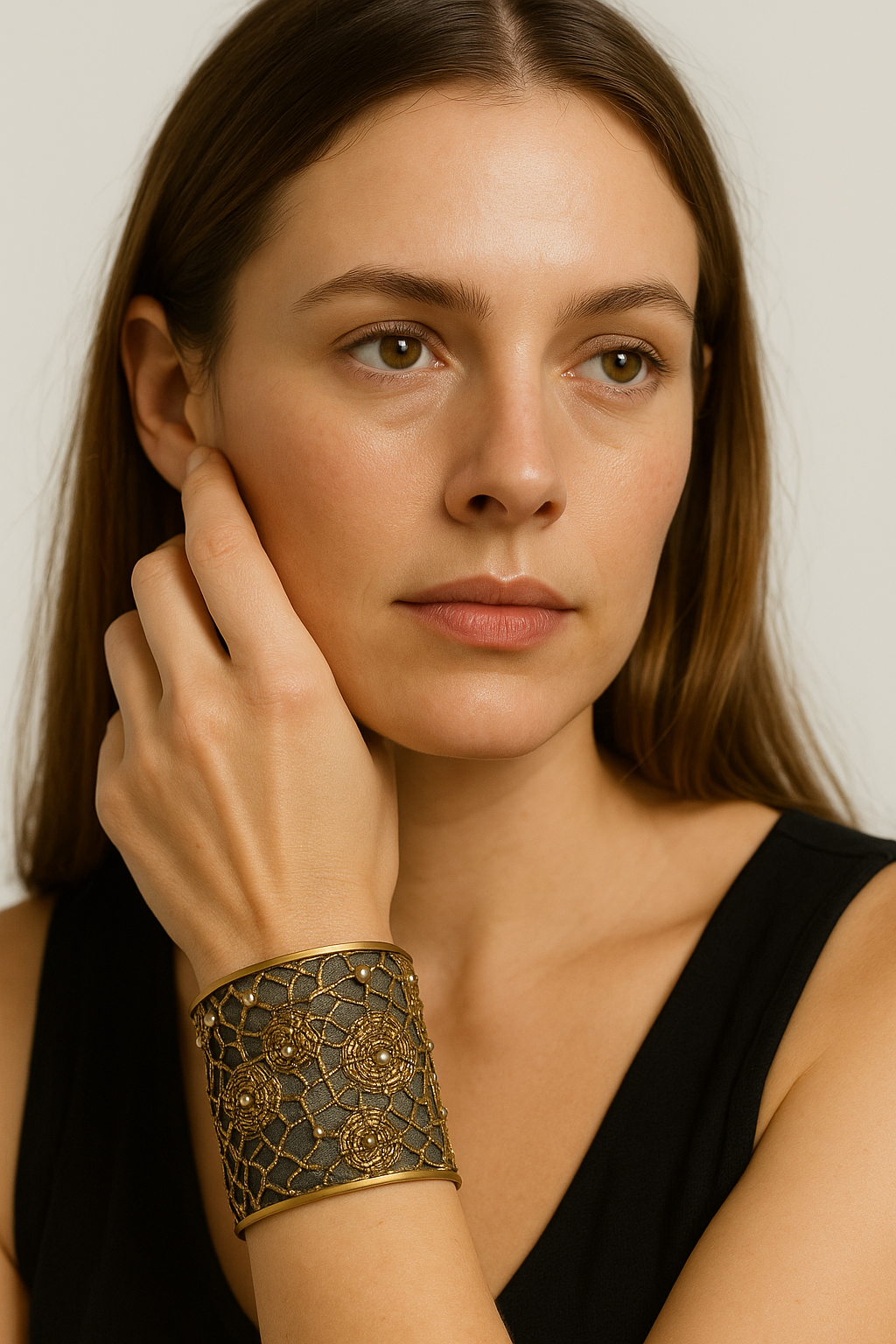 Close-up of a woman wearing the Redd Dott “Royal” 3″ cuff—charcoal fabric base overlaid with ornate gold lattice, circular medallions, and tiny bead accents, framed by brass edging.