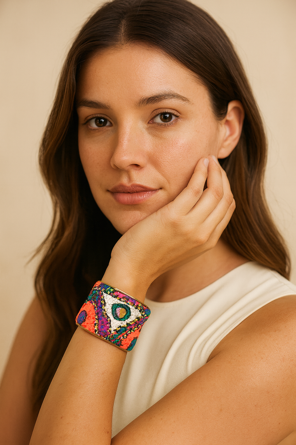 close-up of a woman wearing the Redd Dott “Sable” 2″ cuff—multicolor embroidered bracelet with a white triangle motif, vibrant pink/purple/teal/orange patterning, and brass edging.