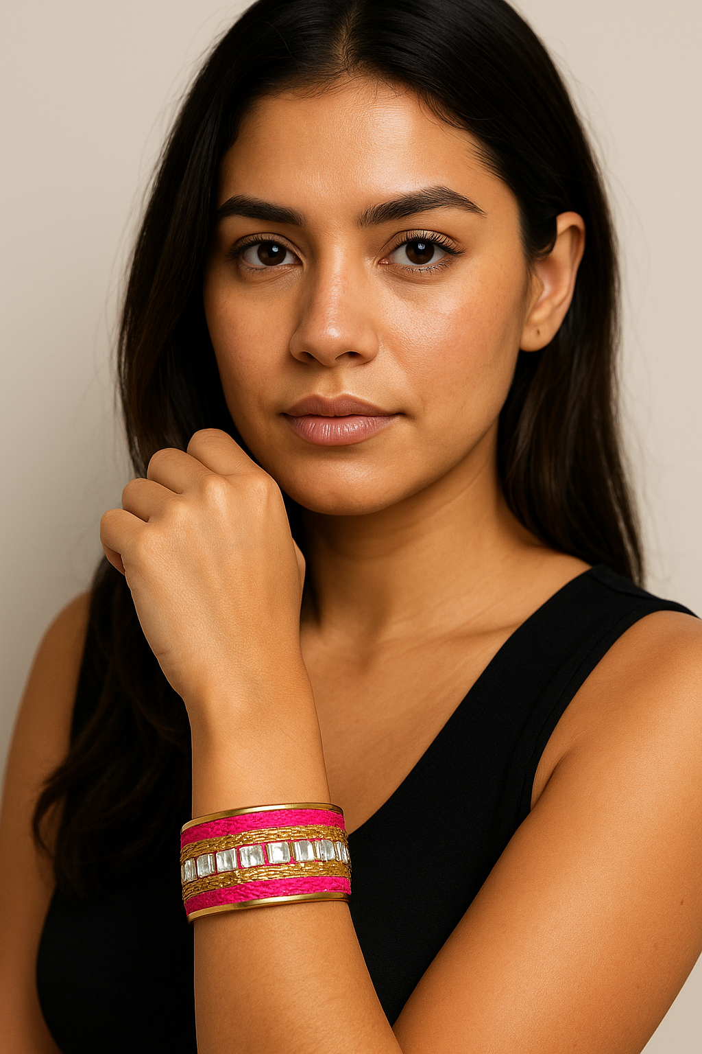 Close-up of a woman wearing the Redd Dott “Sabrina” 1″ cuff—fuchsia fabric bracelet with brass edging, a centered row of clear rectangular crystals, and gold cord details.