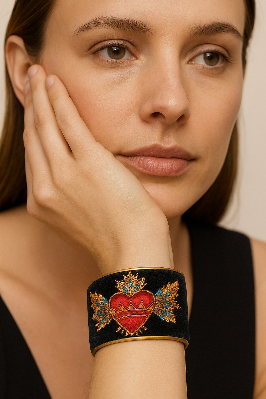  Close-up of a woman resting her face on her hand wearing the Redd Dott “Sacred Heart” 2″ cuff—black velvet bracelet with brass edging, featuring a bold embroidered red heart with a gold crown band, radiant gold rays, and teal-gold winged florals.