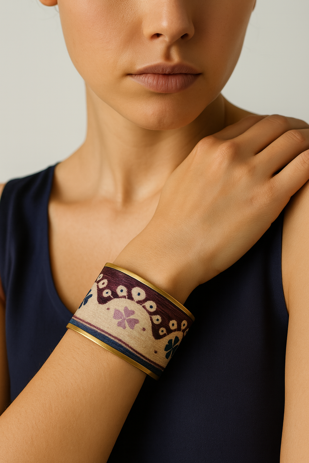Woman in a navy sleeveless top resting her hand on her shoulder, wearing the Redd Dott “Savanna” 3″ cuff—antique-brass edges around a cream ground with plum scalloped band and ivory dots, lavender flower motif, navy floral accents, and an indigo border.