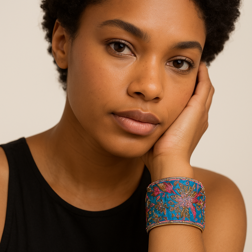 Woman’s wrist wearing the Redd Dott “Shai” 2″ cuff—teal/peacock-blue fabric with multicolor floral embroidery (magenta, gold, green) and subtle metallic threads, framed in brushed brass with an open back.