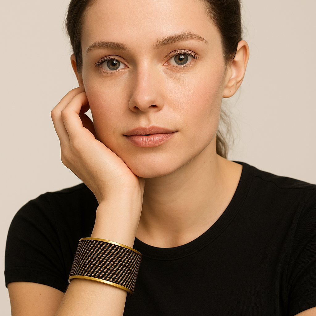Close-up of a woman’s wrist wearing the Redd Dott “Silvana” 2″ cuff—matte black textile in fine diagonal antique-gold pinstripes, framed with brushed brass rims and an open back.