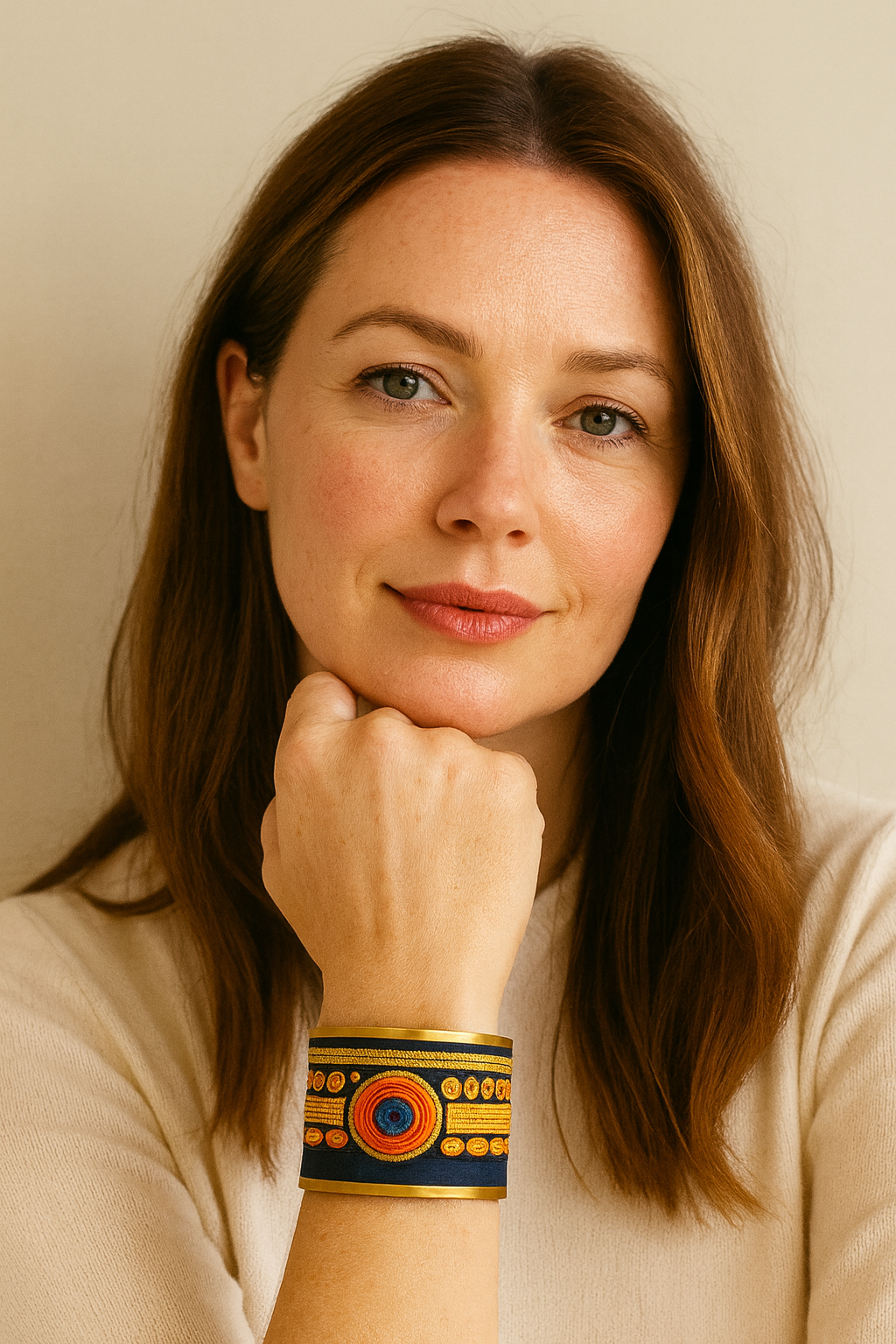 Close-up of a woman’s wrist and lower face, wearing the Redd Dott “Sloan” 2″ wide fabric cuff. The deep navy band showcases a bold concentric target medallion—coral orange ring with cobalt-blue center—flanked by golden stitched stripes and rows of small coin-like dots, all framed by smooth matte-brass edges with an open back as her hand rests beneath her chin.