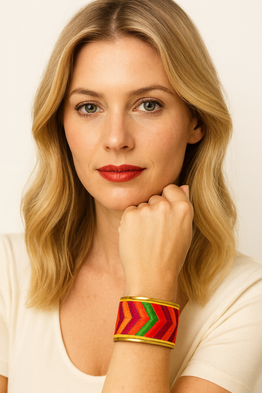 Close-up of a woman’s wrist and lower face, wearing the Redd Dott “Sonnet” 2″ wide fabric cuff. The vivid fuchsia band features densely stitched chevron arrows in lipstick red, tangerine, and emerald green across the center, finished with smooth brass edges and an open-back frame as her hand rests near her chin.