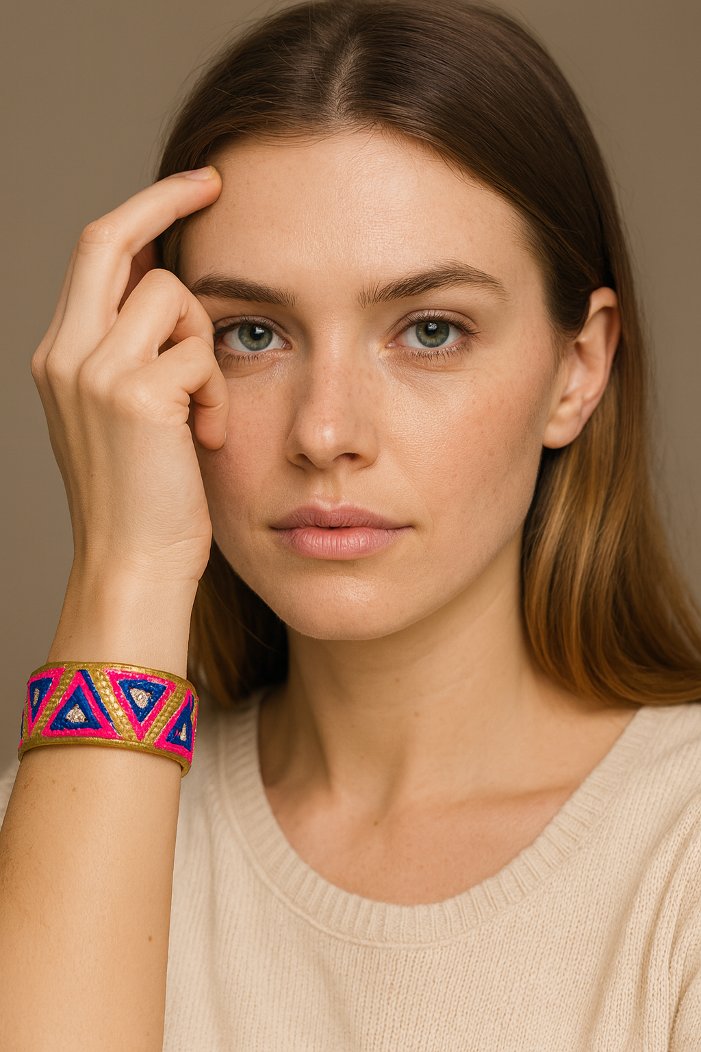 Close-up of a woman’s wrist and lower face, wearing the Redd Dott “Tabitha” 1″ wide fabric cuff. The slim band features nested cobalt-blue triangles framed by neon-fuchsia embroidery on a metallic-gold ground, edged with a polished open-back brass shell as her hand rests near her temple.