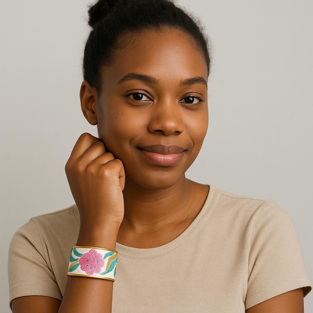 Close-up of a woman’s wrist and lower face, wearing the Redd Dott “Talulla” 1″ wide fabric cuff. The slim ivory band centers a raised blush-pink rosette framed by teal and chartreuse embroidered leaves, edged with polished brass and an open back as her hand rests at her chin.