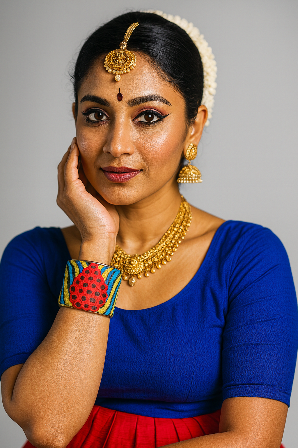 Close-up of a woman’s wrist and lower face, wearing the Redd Dott “Tara” 2″ wide fabric cuff. The bracelet centers a bold red oval medallion filled with inky dots, bordered in sea-green and set against undulating cobalt-blue and saffron-yellow stripes, all finished with slim matte-brass edges and an open-back frame as her hand rests at her cheek.