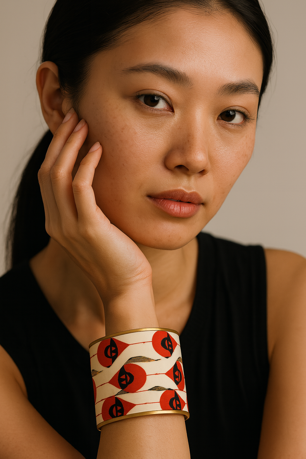 Close-up of a woman’s wrist and lower face, wearing the Redd Dott “Tatum” 3″ wide fabric cuff. The smooth ivory textile shows a repeating mid-century print of bold crimson teardrop medallions with black geometric centers and fine red guide lines, accented by ochre feather-like strokes, all framed by a matte-brass open-back shell as her hand rests at her cheek.