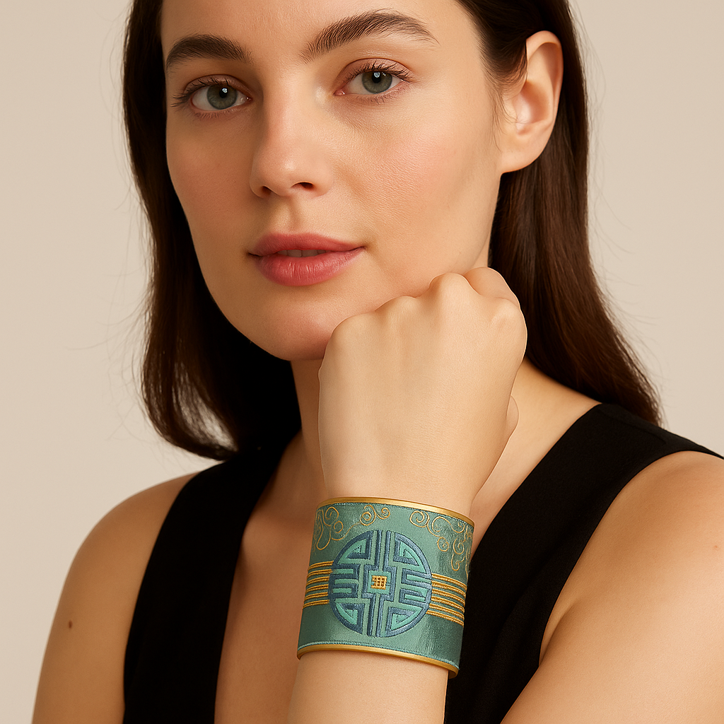 Close-up of a woman’s wrist and lower face, wearing the Redd Dott “Tillie” 3″ wide fabric cuff. The sea-green satin band features a raised teal circular medallion with maze-like lines, flanked by slim gold thread bands and airy scroll embroidery, all framed by a matte brass open-back shell as her hand supports her chin.