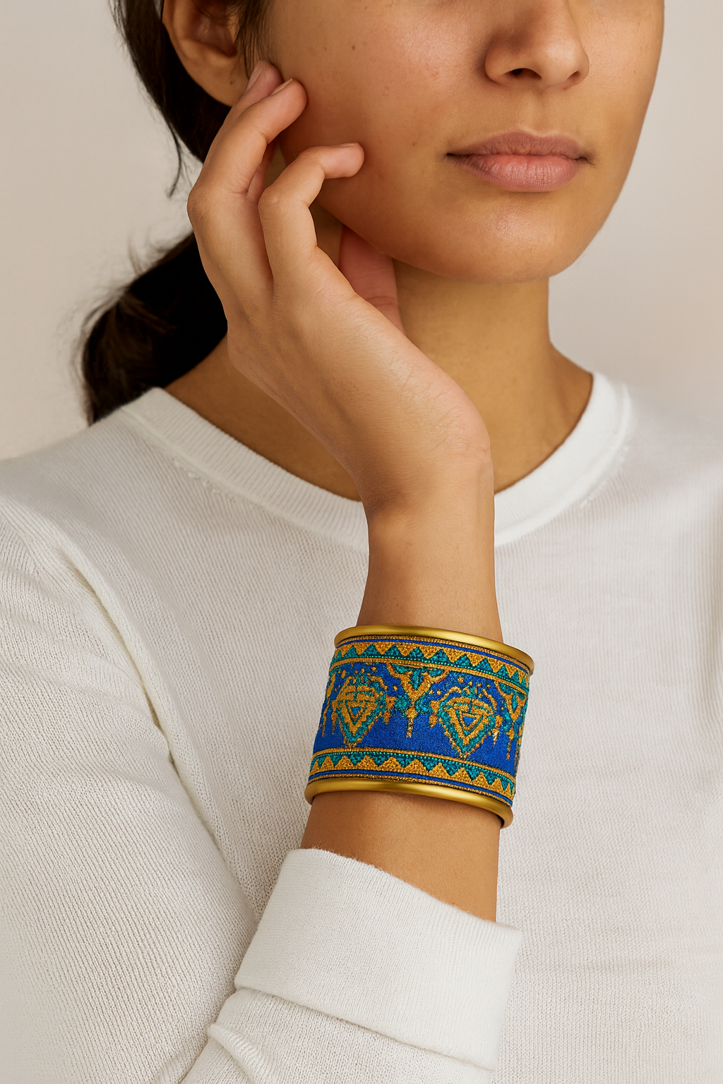 Close-up of a woman’s wrist and lower face, wearing the Redd Dott “Venus” 2″ wide fabric cuff. The cuff’s vibrant cobalt-blue cotton is richly embroidered with repeating gold and teal diamond-and-triangle motifs, accented by tiny hanging-dot tassels and framed by slender polished brass edges as her hand gently rests against her cheek.