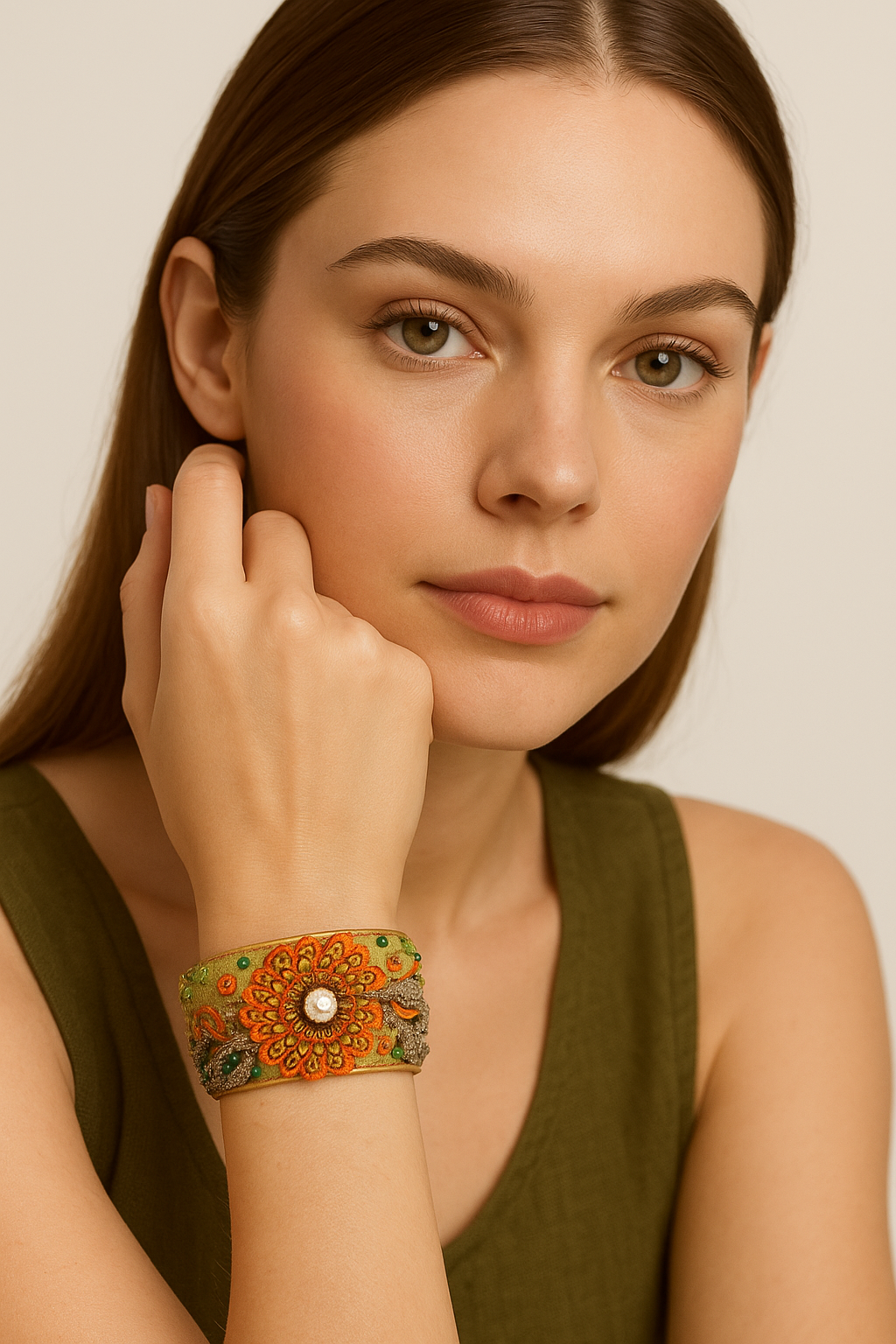 Close-up of a woman’s wrist and lower face, wearing the Redd Dott “Wallis” 1″ wide fabric cuff. The slim moss-green cotton band showcases a central mandala-style flower in vivid orange embroidery, accented with metallic-gold and emerald-green beads and a pearlescent bead at its heart, all set in a delicate open-back brass shell as her hand rests near her ear.