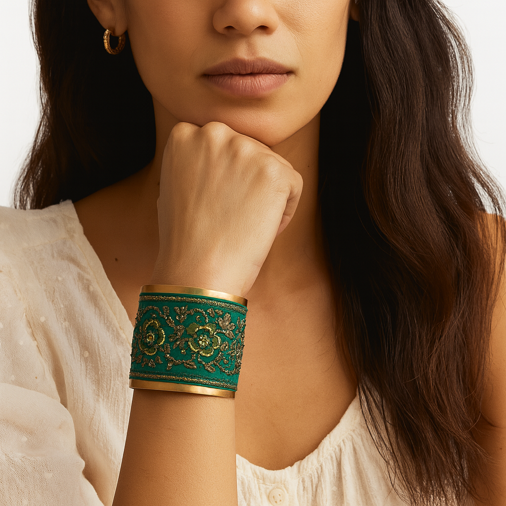 Close-up of a woman’s wrist and lower face, wearing the Redd Dott “Yara” 2″ wide fabric cuff. The deep emerald-green cotton base is stitched with metallic-gold and forest-green floral scrollwork and tiny seed-stitch accents, all set in a slender open-back brass frame as her hand supports her chin.