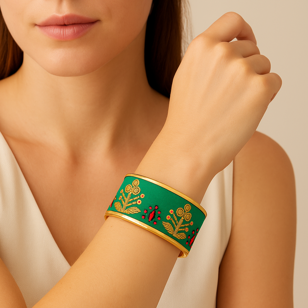 Close-up of a woman’s lower face and wrist, wearing the Redd Dott “Zuri” 1″ fabric cuff. The slim bracelet’s vivid green cotton is stitched with gleaming gold flower silhouettes and tiny red-and-navy seed-stitch accents, all set in a slender open-back brass frame as her hand gently rests on her chest.