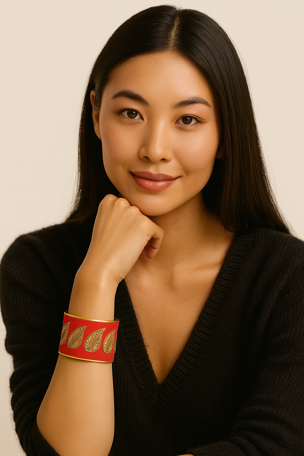 Harlow - Vintage Red & Gold Leaved Custom Stamped Brass Bracelet Cuff