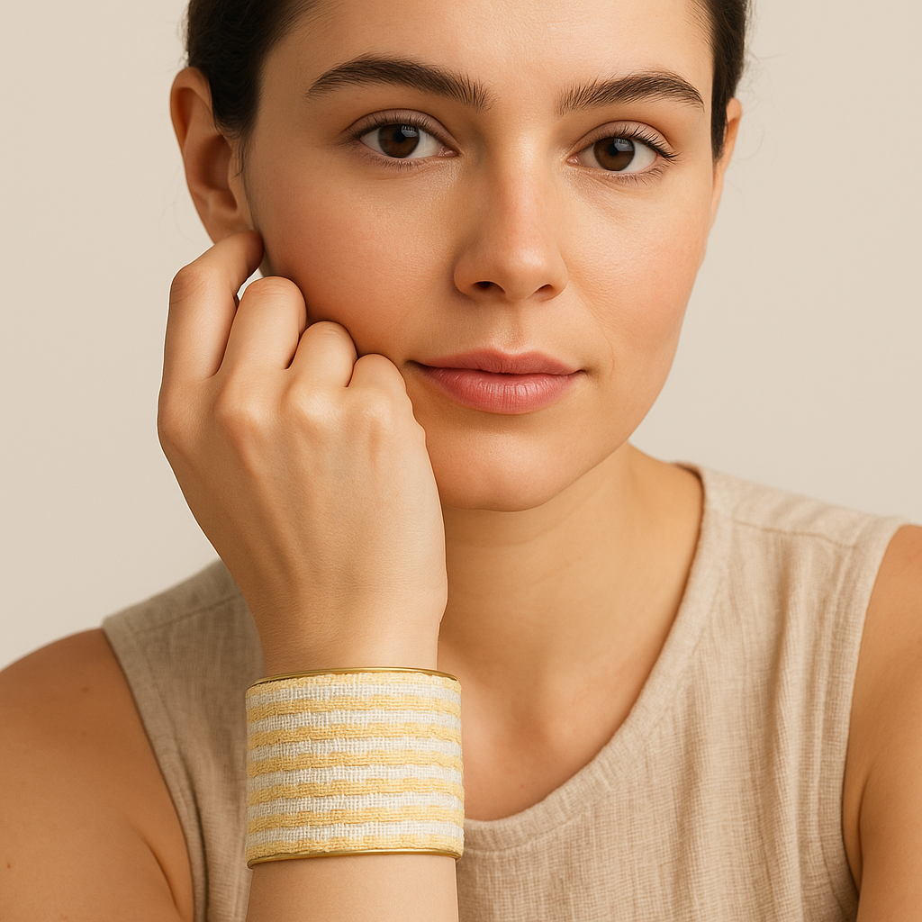 Kyleigh Custom Stamped Cuff Bracelet – Yellow & White Woven Texture on Brass (1", 2", 3")